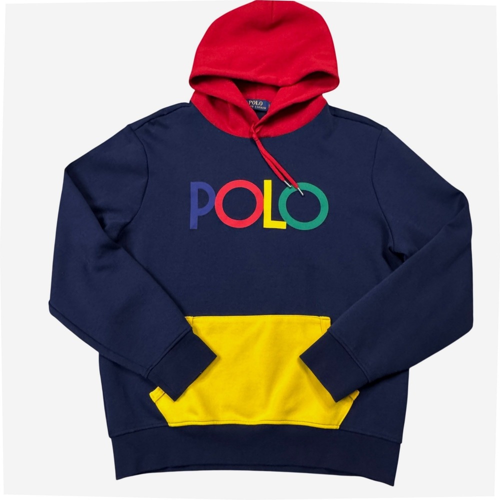 NWOT Polo Ralph‎ Lauren Men Color Block Hoodie Navy Blue Yellow Pocket Size L